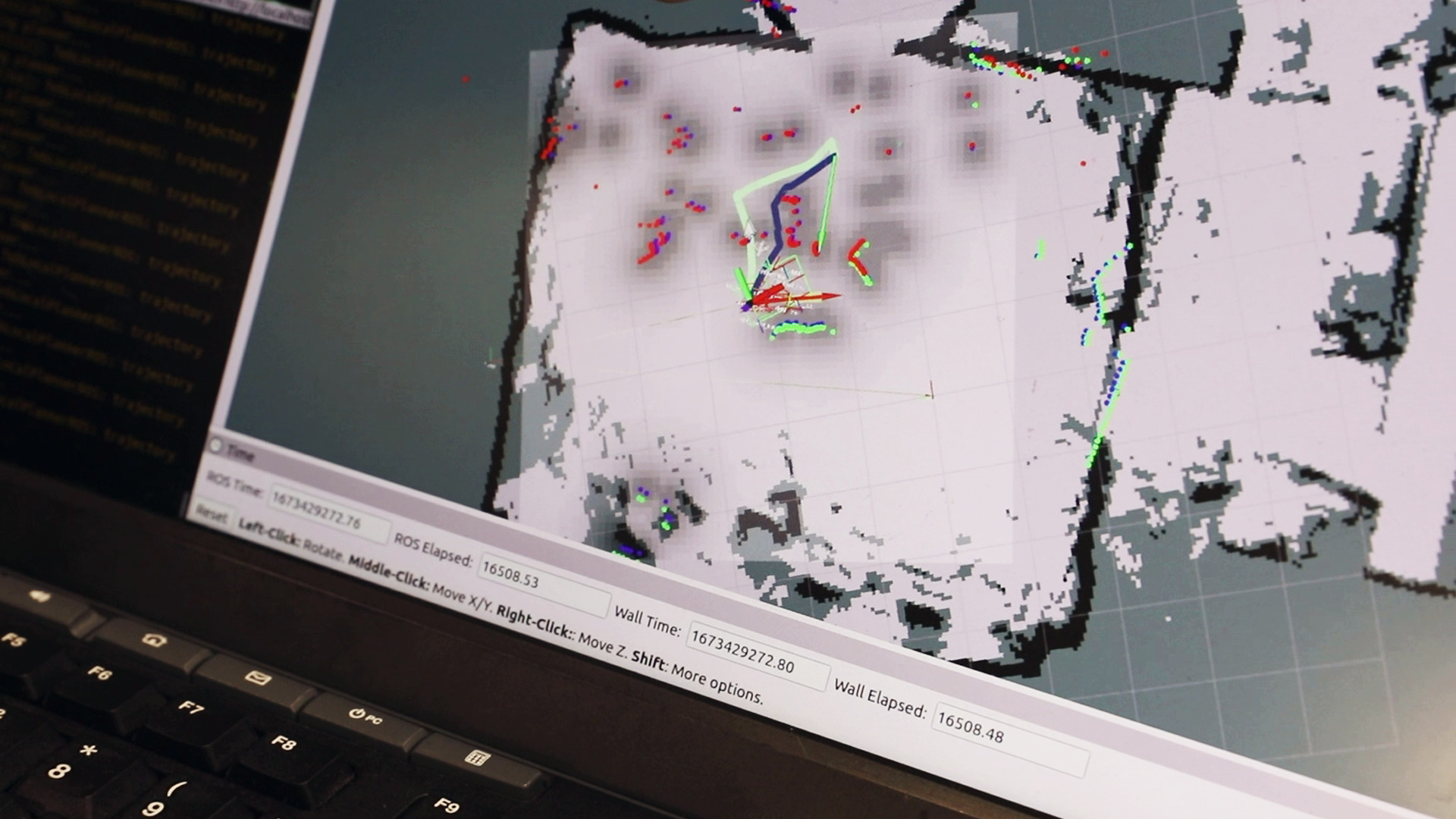 (Right) A close-up of the map developed by the autonomous robots from data obtained from LIDAR sensors on its wheels.