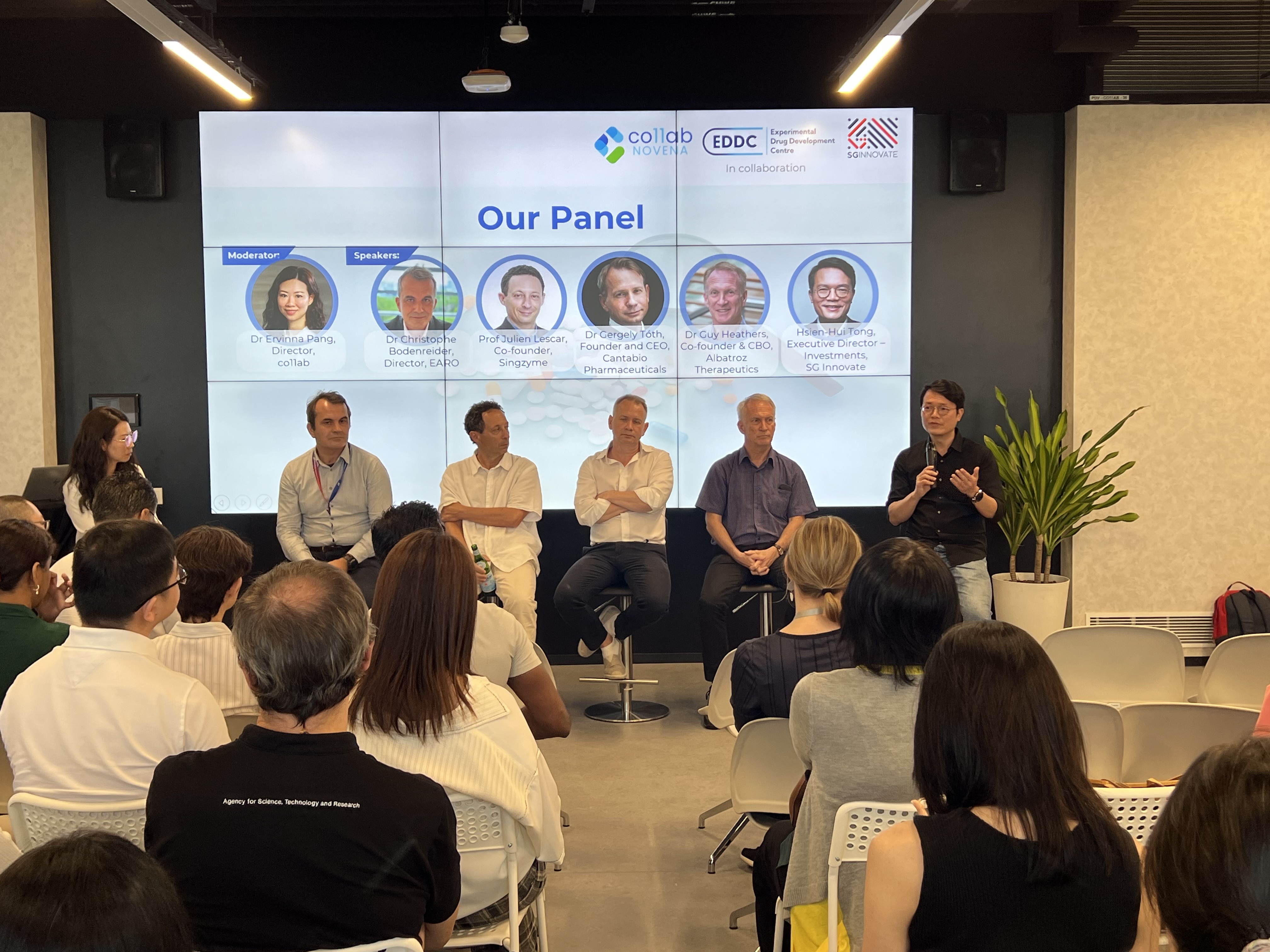 At the discussion moderated by Director of Co11ab, Dr Ervina Pang (left) with (L to R) panellists Dr Christophe Bodenreider, Professor Julian Lescar, Dr Gergely Tóth, Dr Guy Heathers and Mr Hsien-Hui Tong.
